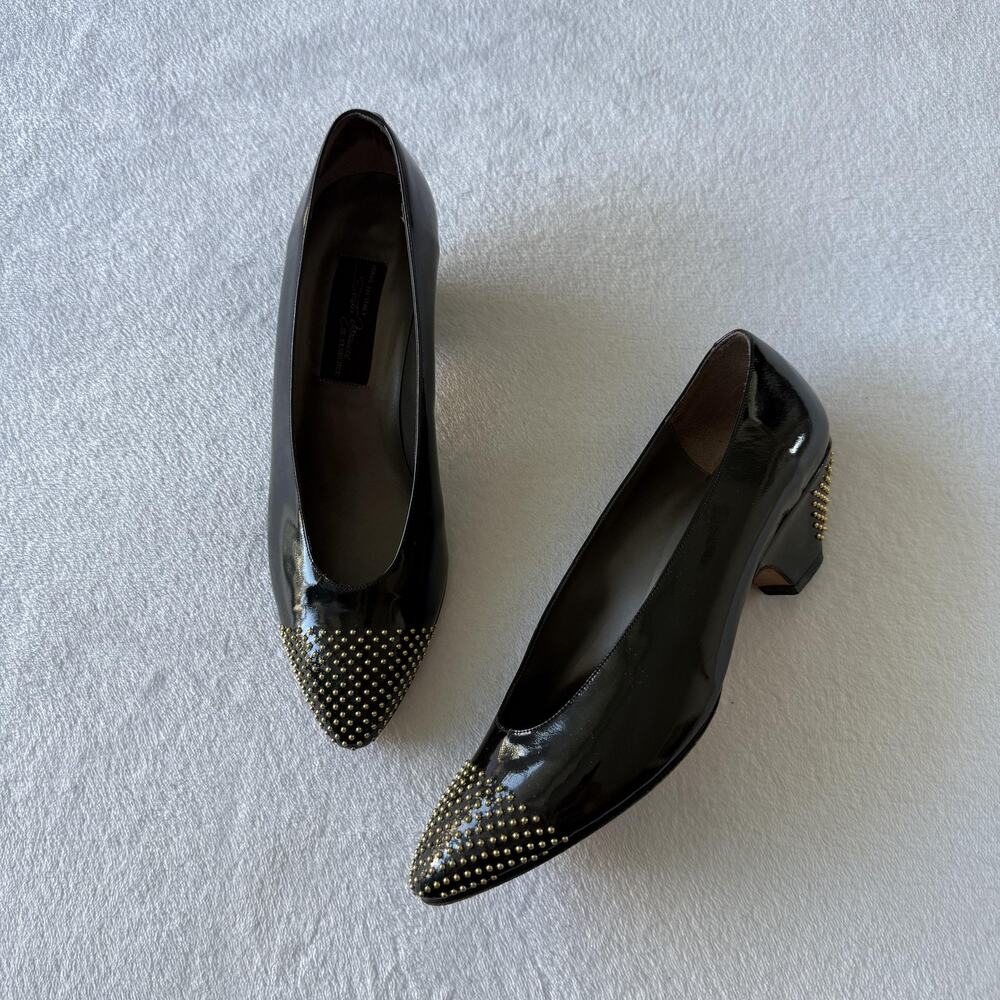 Sesto Meucci Heel Shoes Womens Size 8.5 Black Patent Studded Block Pointed Toe